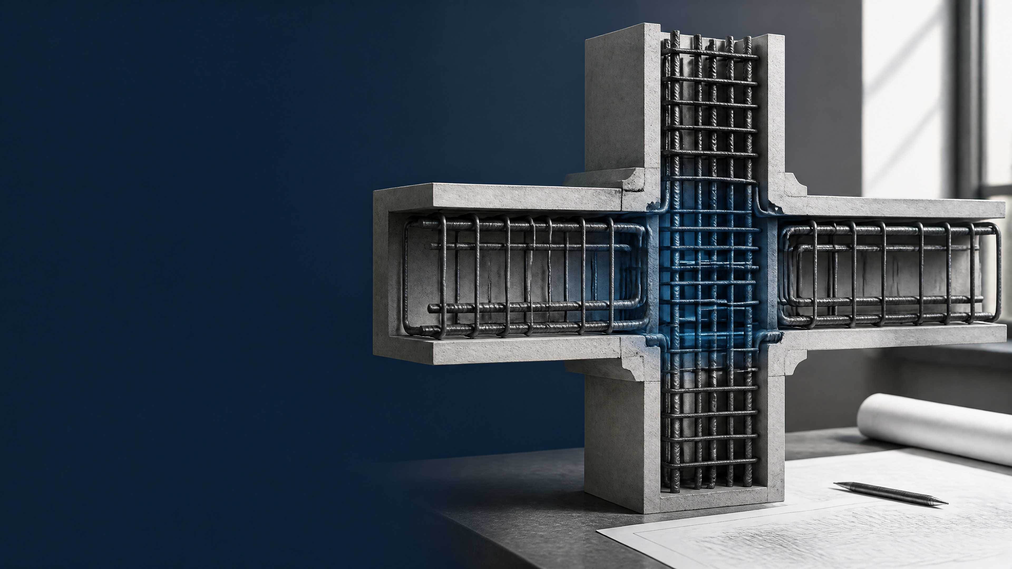 Reinforced concrete beam-column joint cutaway showing anchored reinforcement