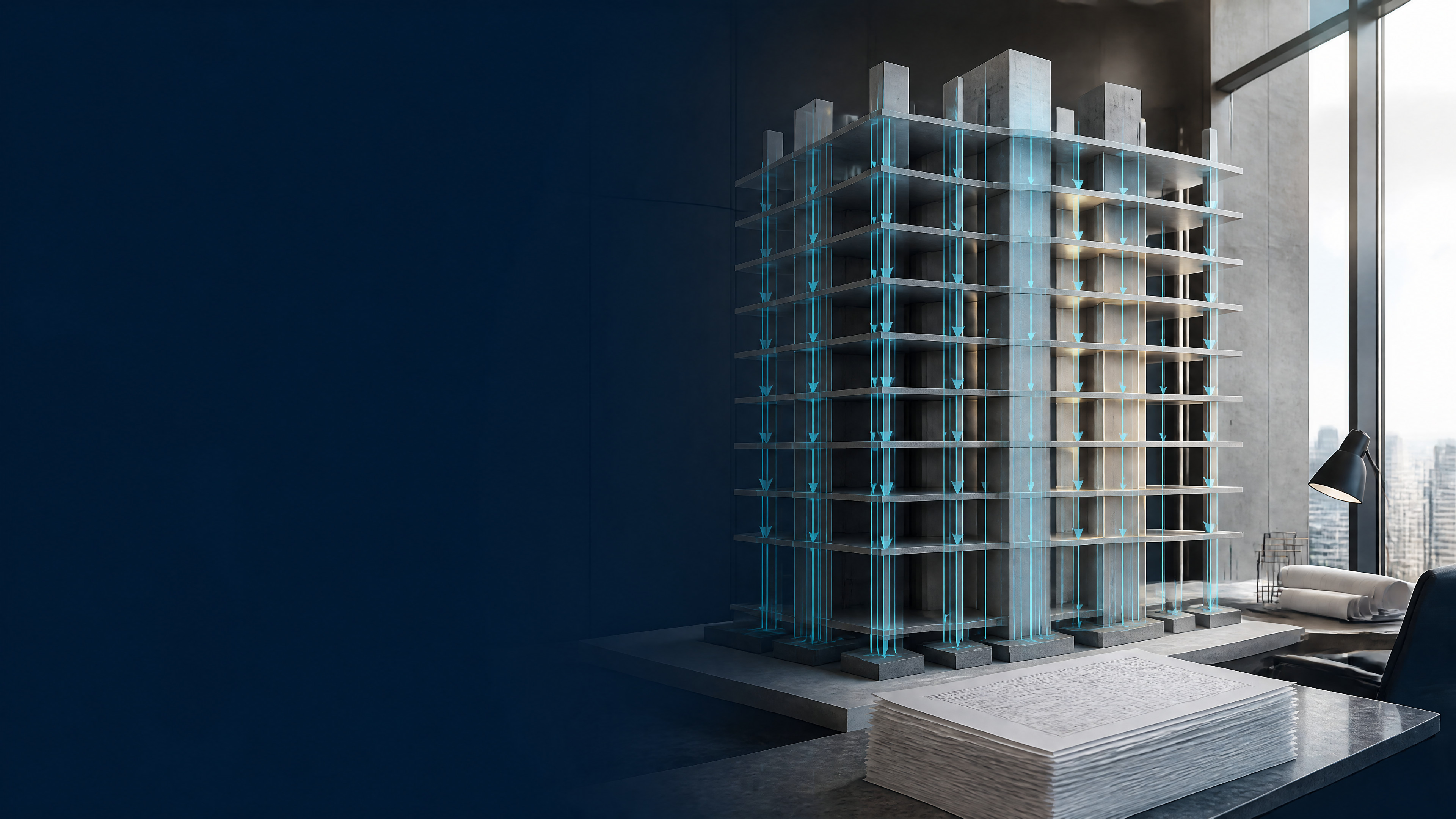 High-rise structural model with column and wall load paths flowing to a review schedule