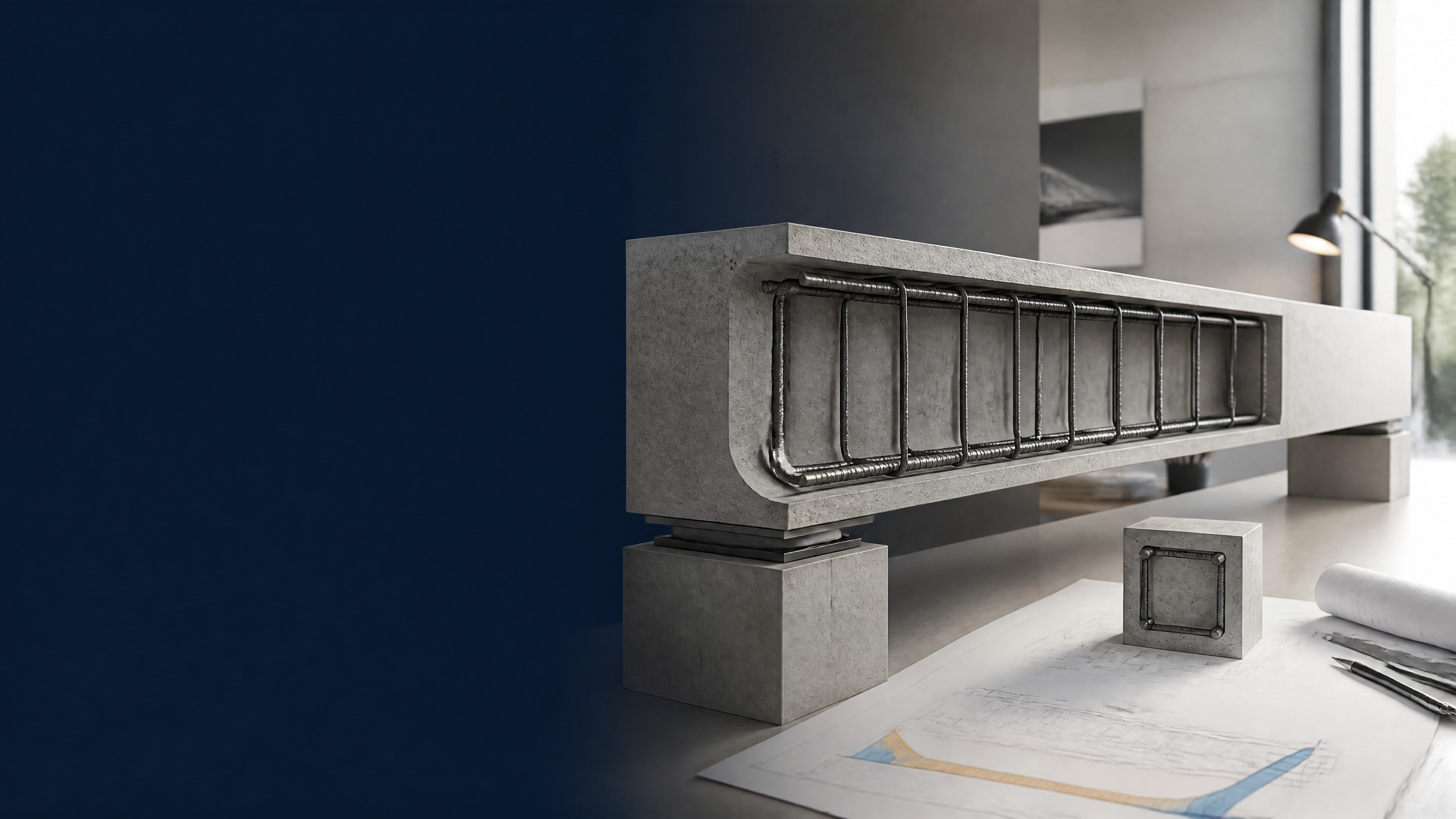 Reinforced concrete beam cutaway showing longitudinal reinforcement and stirrups