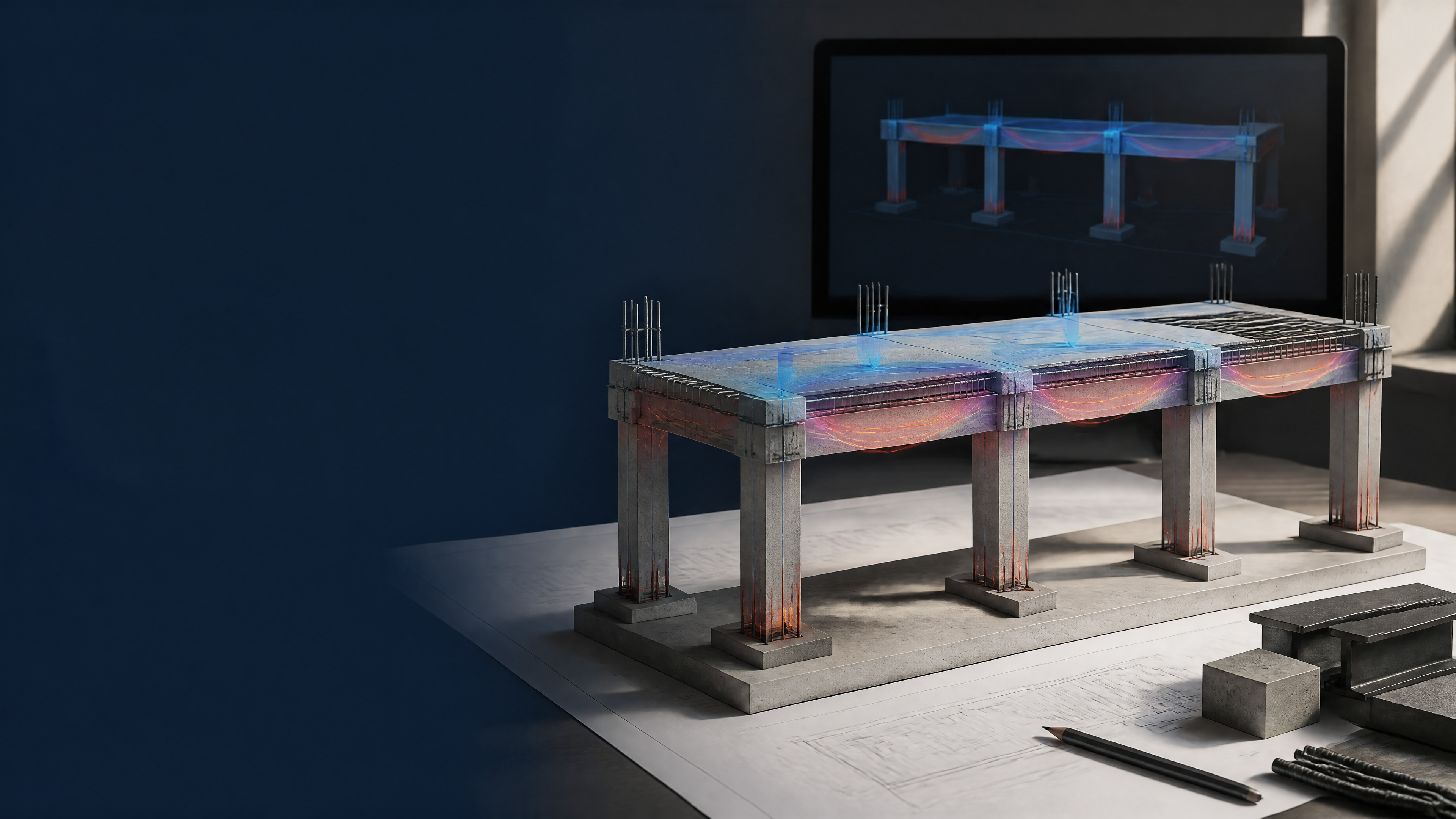 Three-span structural subframe model with restrained analysis response highlights