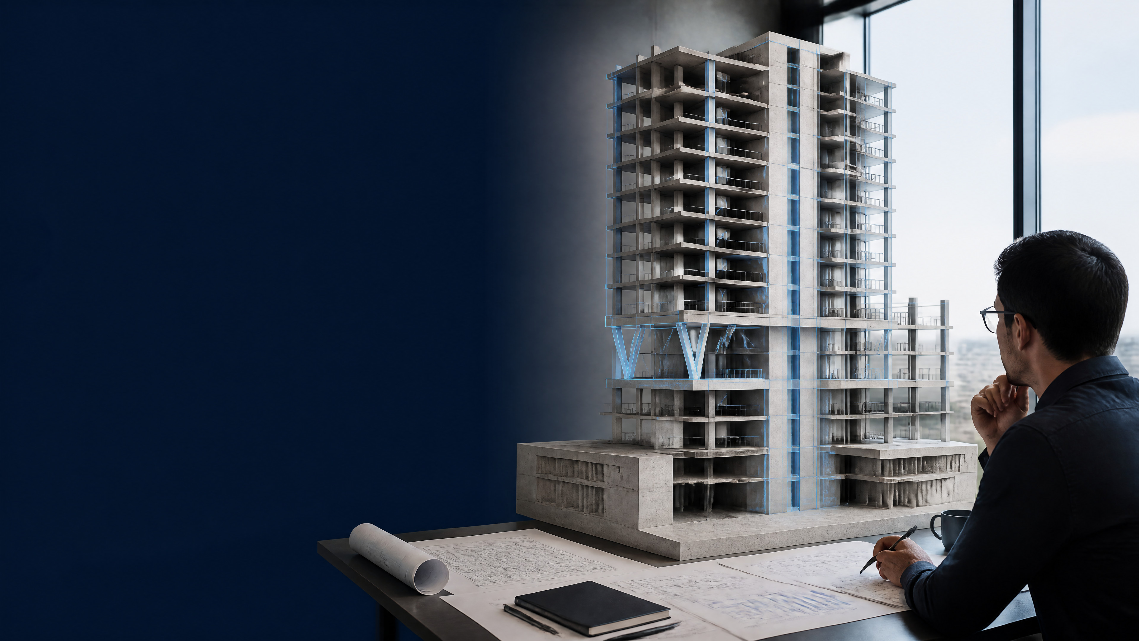 High-rise structural frame and core shown as a coordinated analysis model