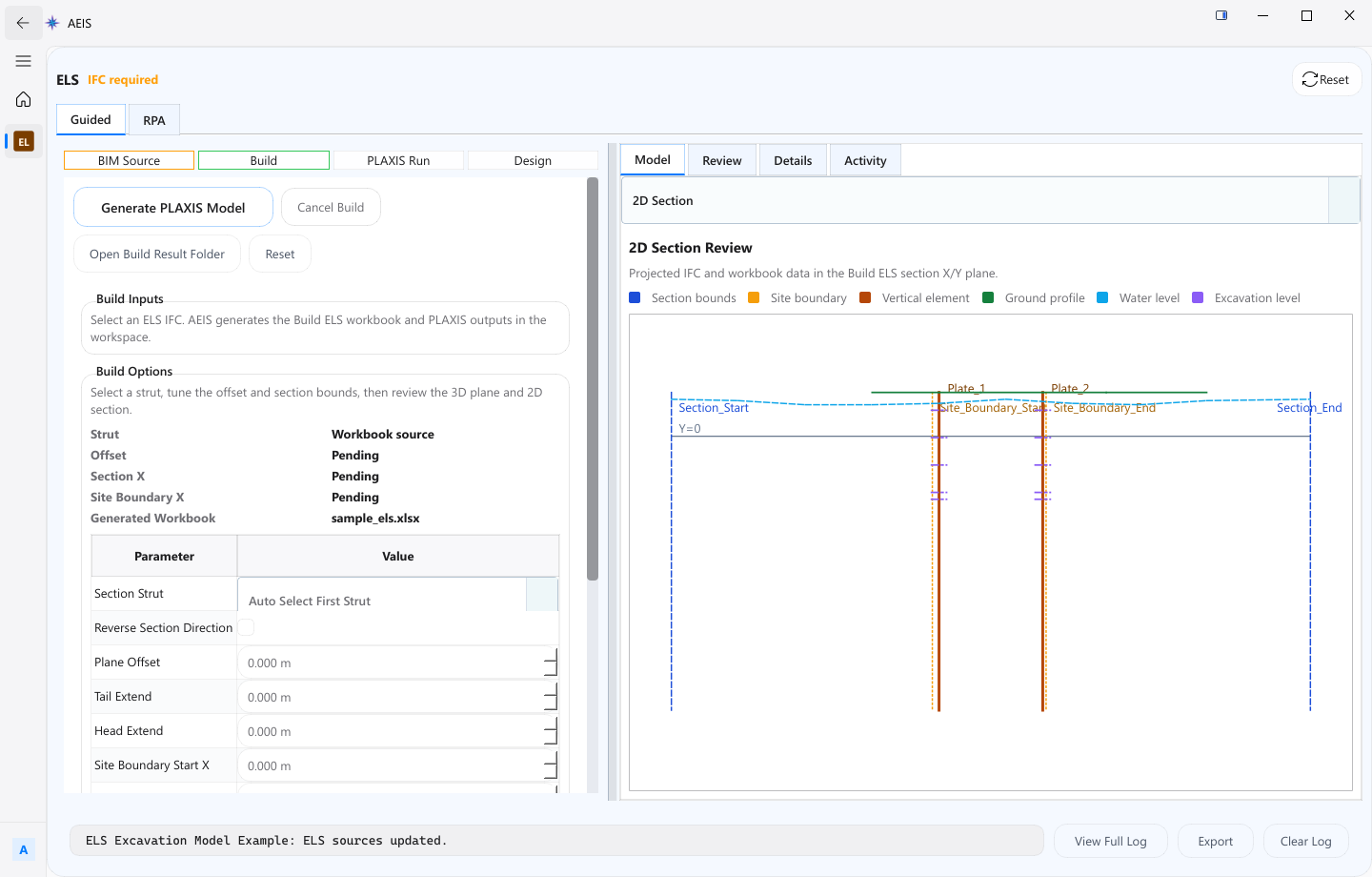 AEIS ELS workspace showing PLAXIS run controls and worker operation status