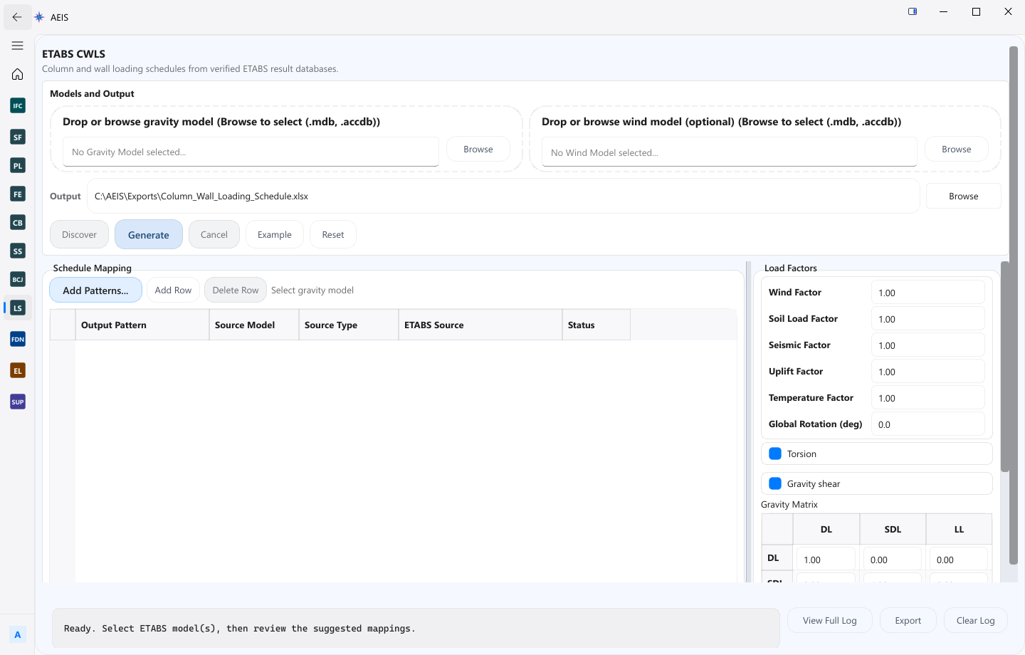 AEIS ETABS Load Schedule workspace showing model inputs and worker execution stages