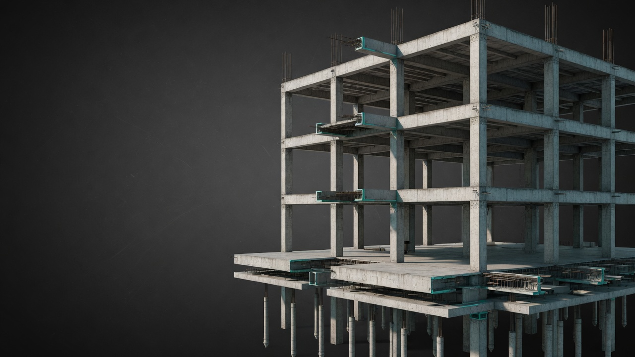 AEIS sample foundation IFC model showing a concrete frame, slabs, pile caps, and foundation piles