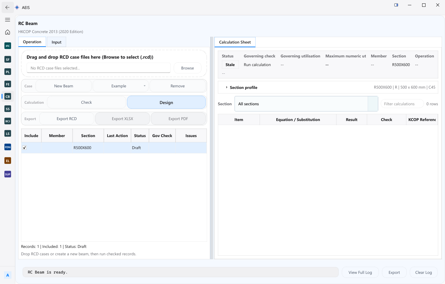 AEIS RC Beam Design workspace showing member inputs and HKCOP calculation review