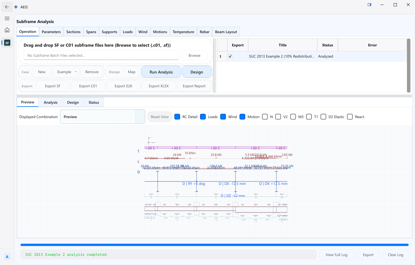 AEIS Subframe Analysis workspace showing imported spans, loads, and the design preview