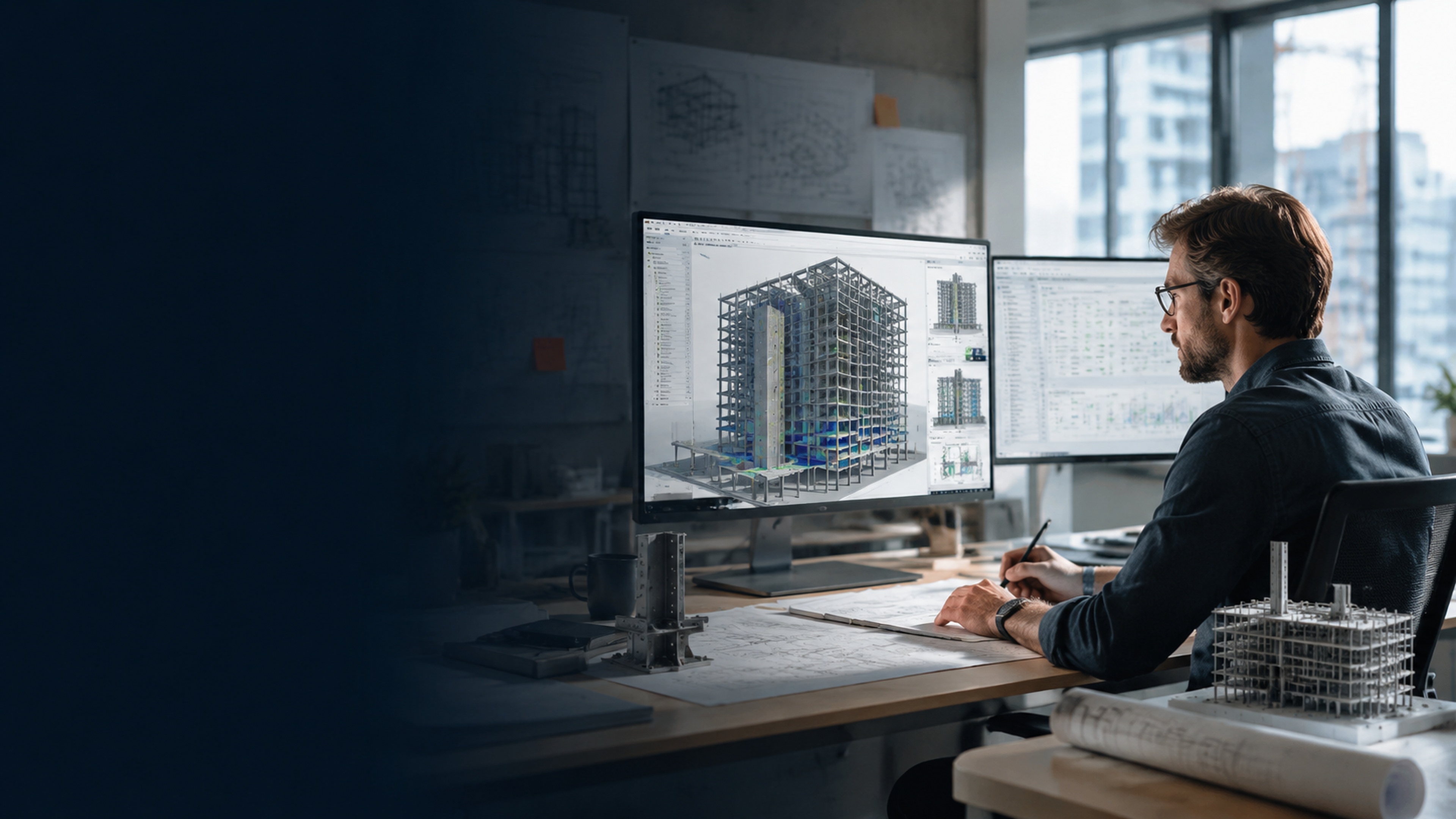 Structural engineer reviewing a BIM building model and analysis data in the AEIS product environment