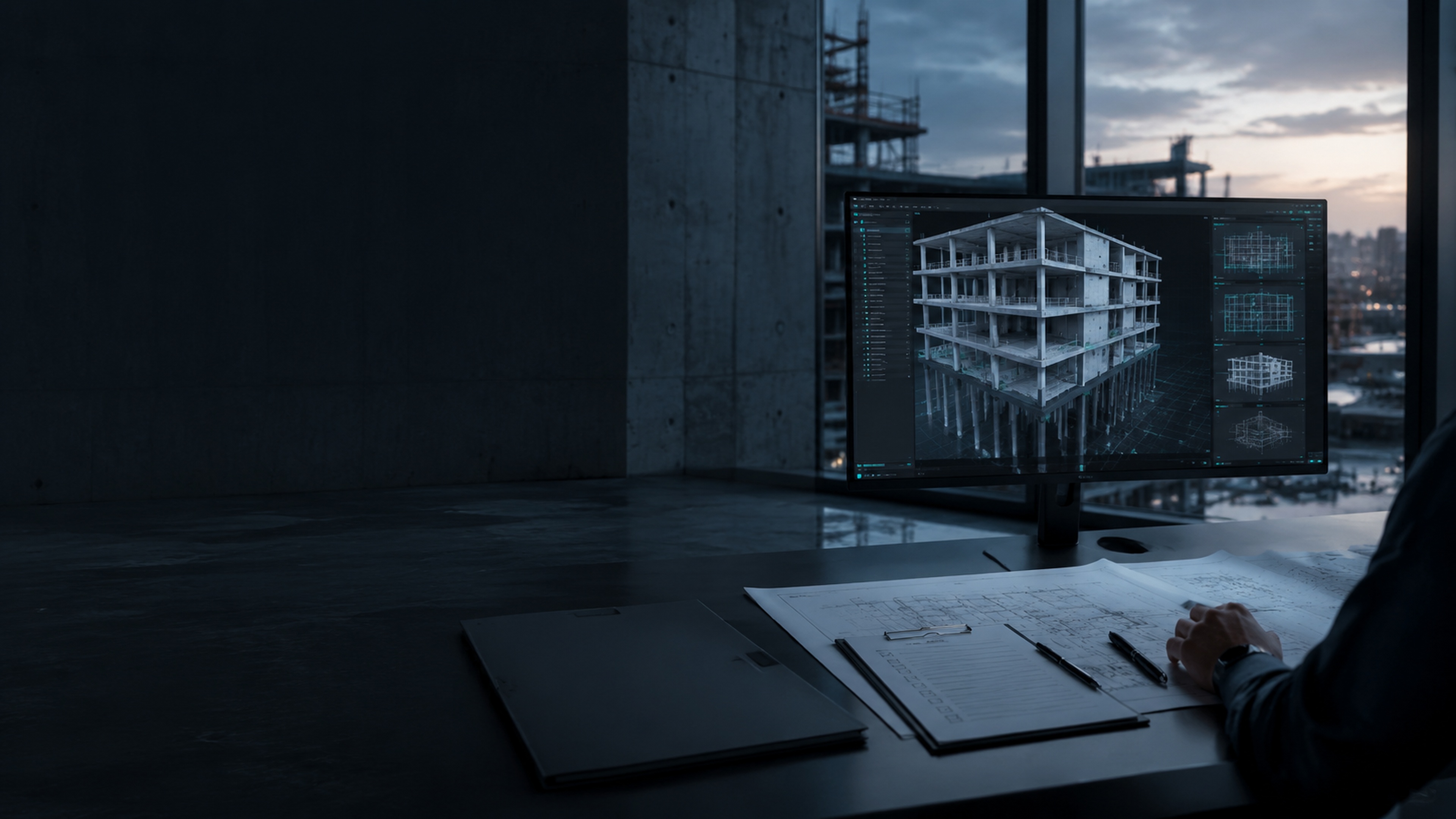 AEIS structural engineering workspace showing a BIM building model, reviewed drawings, and traceable design evidence