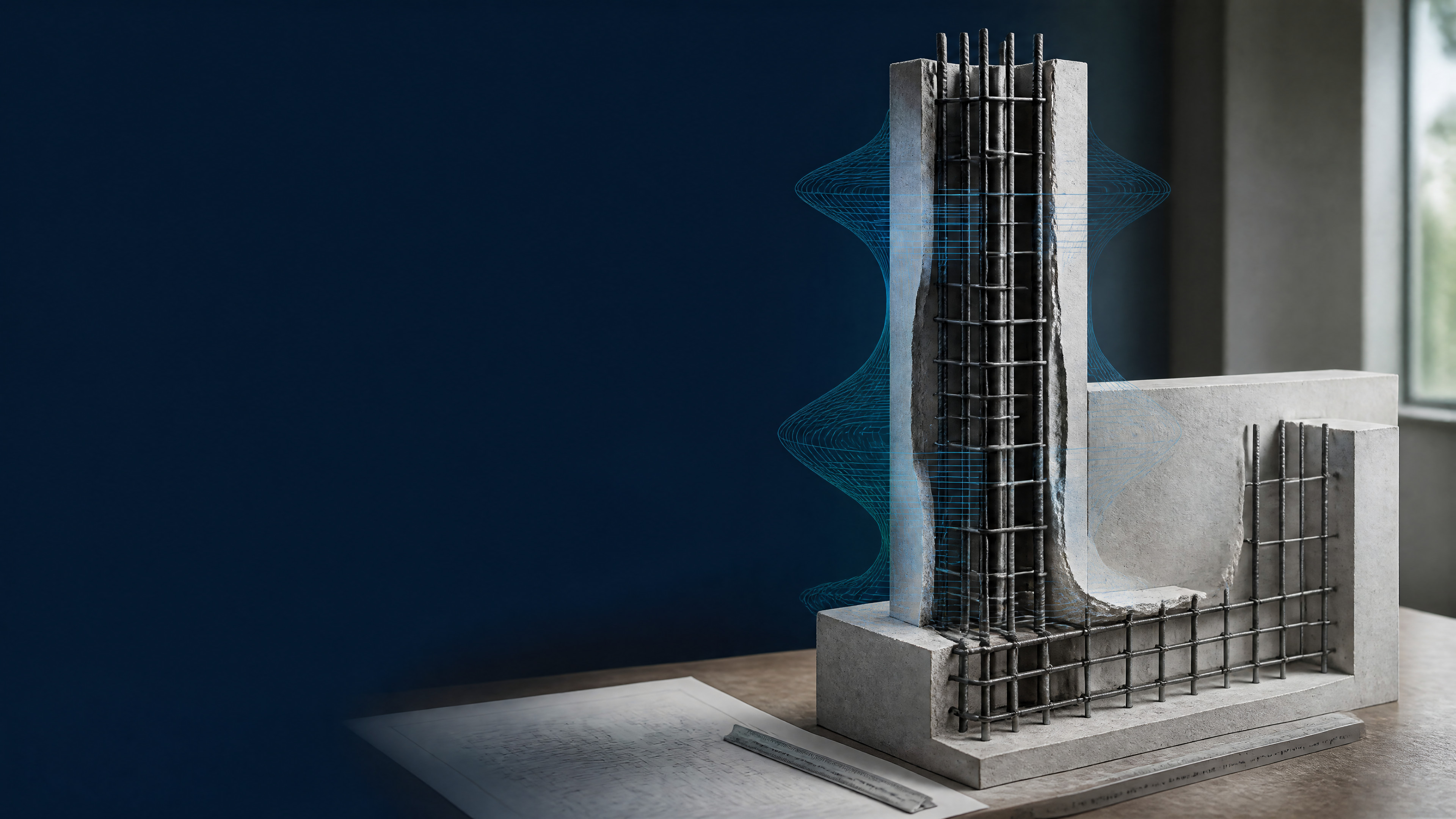 Reinforced concrete column and wall cutaway showing longitudinal bars and shear links