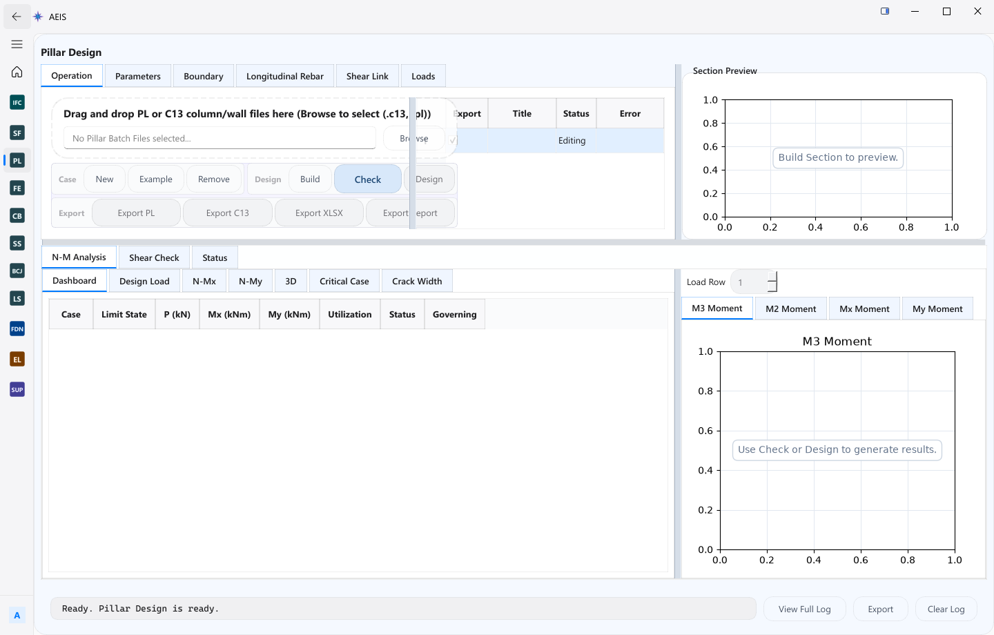 AEIS Pillar Design workspace showing section geometry, reinforcement, and analysis controls